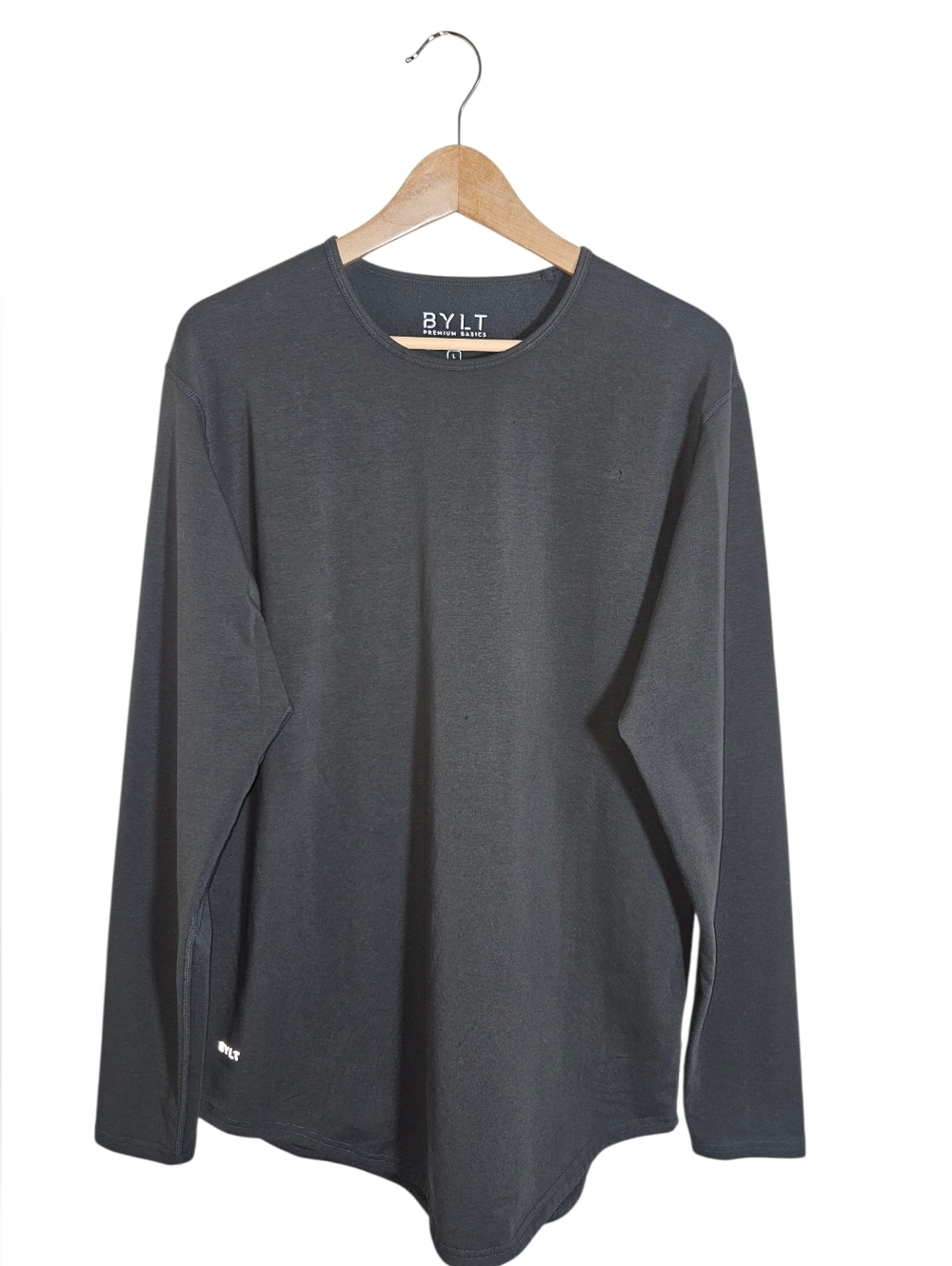 BYLT Men's Gray Crew Neck Long Sleeve Drop-Cut: LUX Long Sleeve Shirt Size L